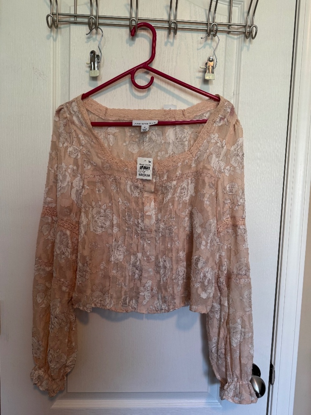 NWT And Now This Floral Lace Burnout Pintuck Blouse Puff Sleeve Pink M
